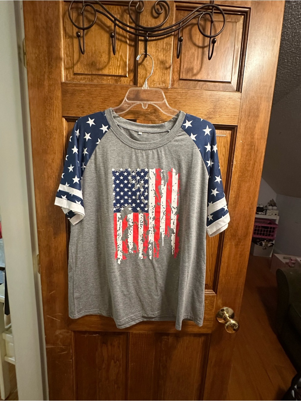 Grey Tee with American Flag and Navy Star Raglan Sleeves